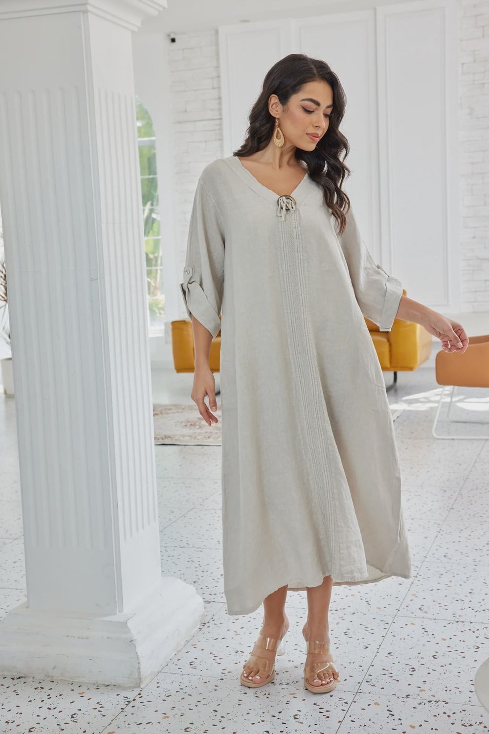 Daphne's Stitched Coconut Button Dress, Colour: Beige, Size: O/S