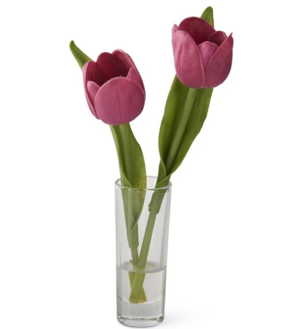 8.5" Fuchsia Real Touch Double Tulip w/Glass Vase