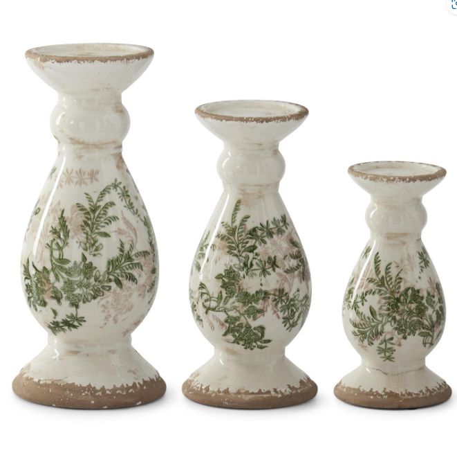 S/3 Green &amp; Cream Chinoiserie Candleholder