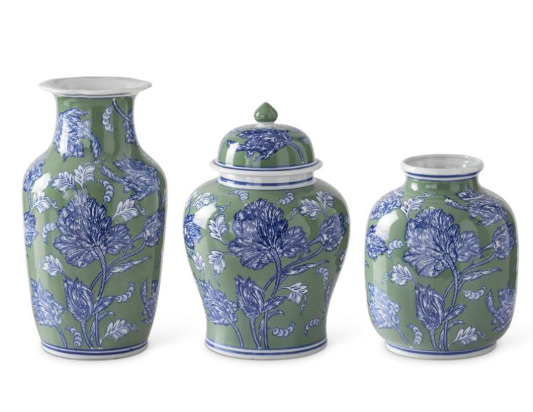 S/3 Blue Green &amp; White Floral Vases