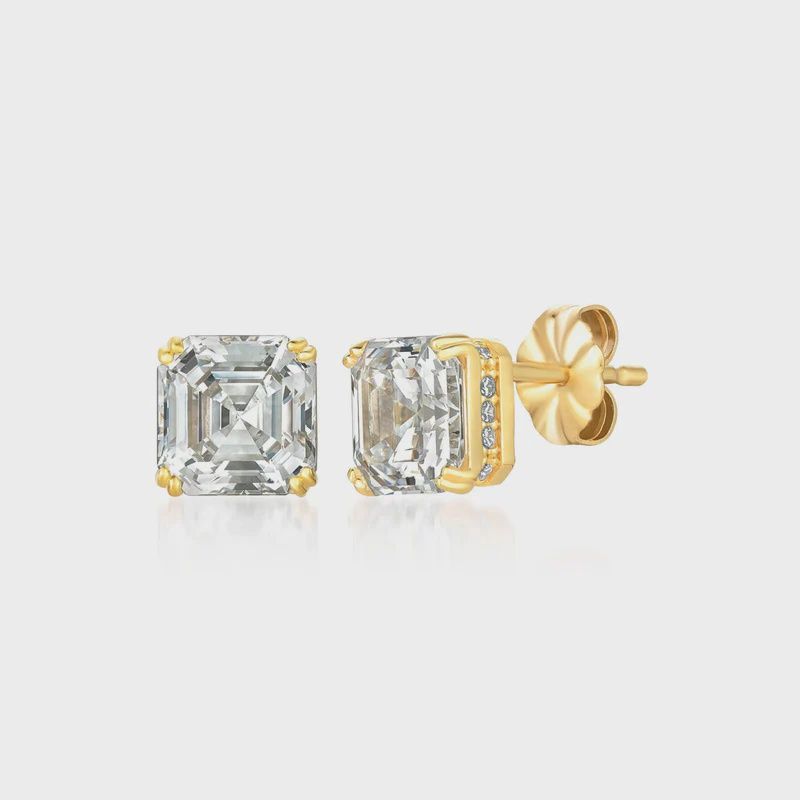 Royal Asscher Cut Stud Earrings Finished In Gold