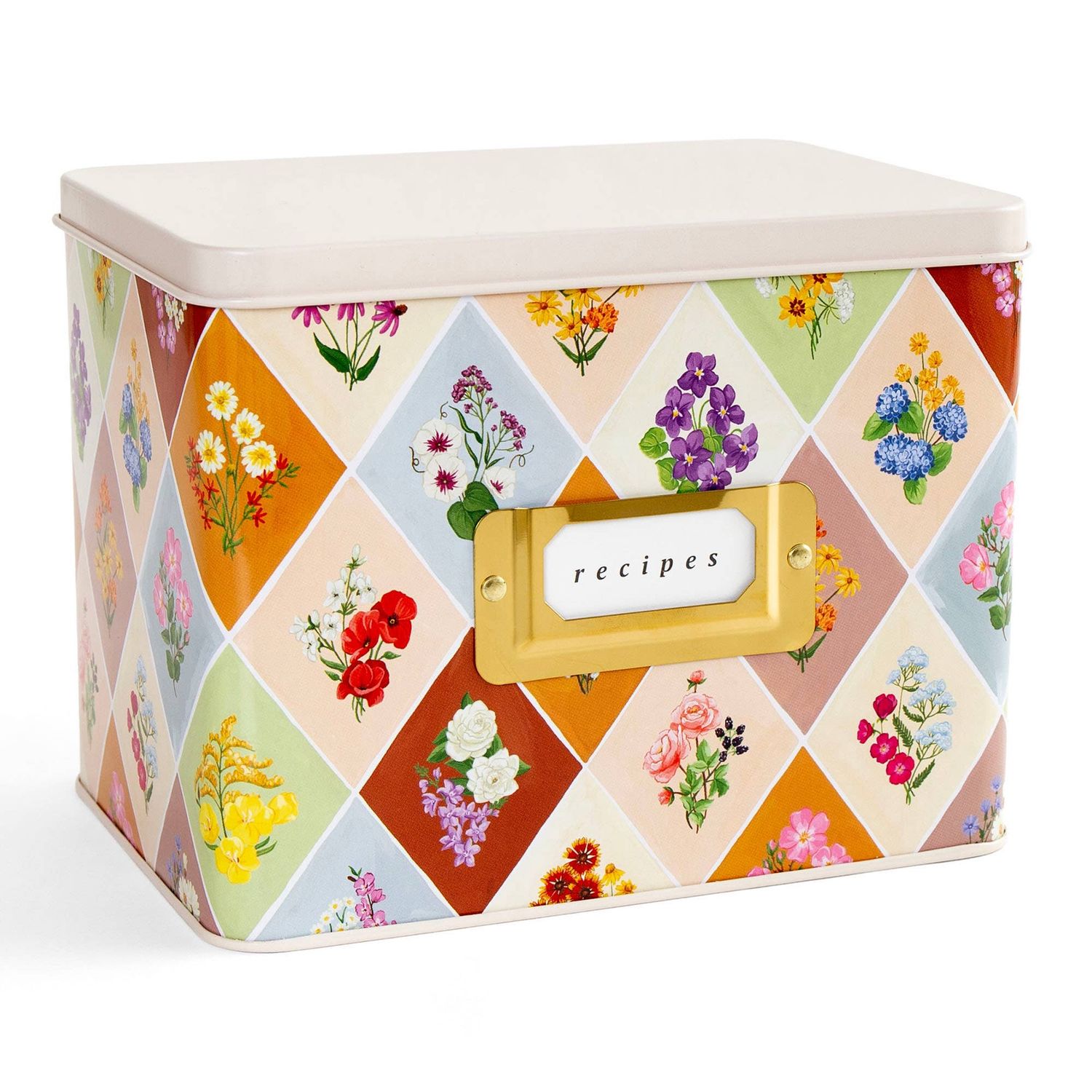 Vintage Blooms Floral Tin Recipe Box with Cards