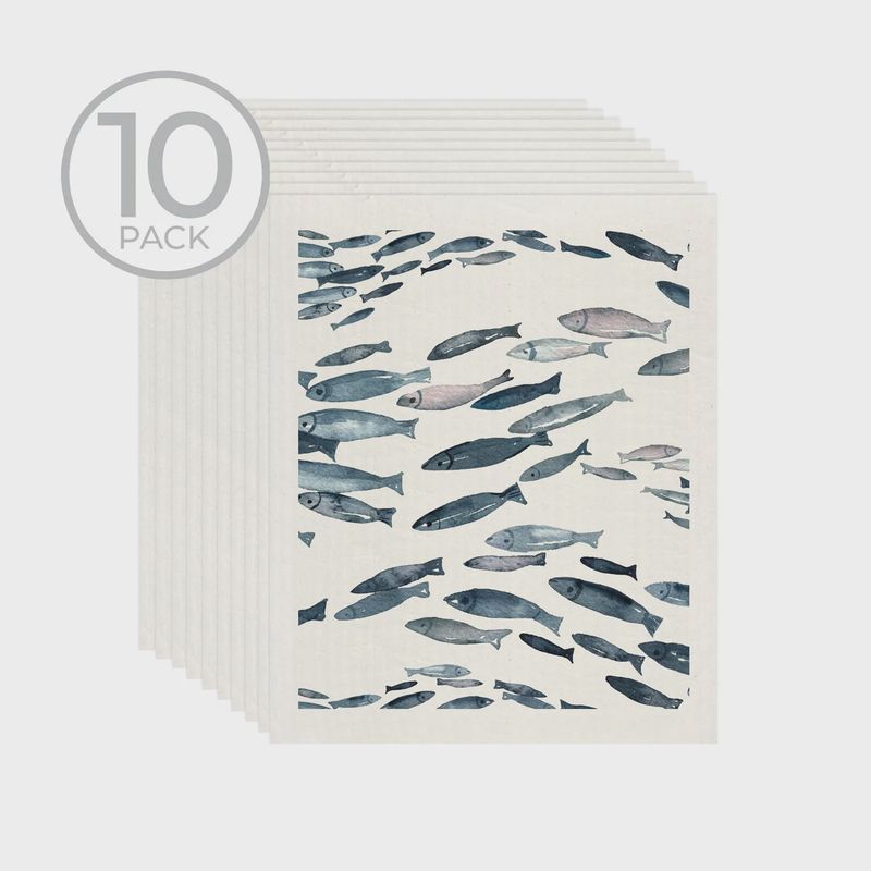 Fishes Sponge Cloth Pack Of 10 Blue