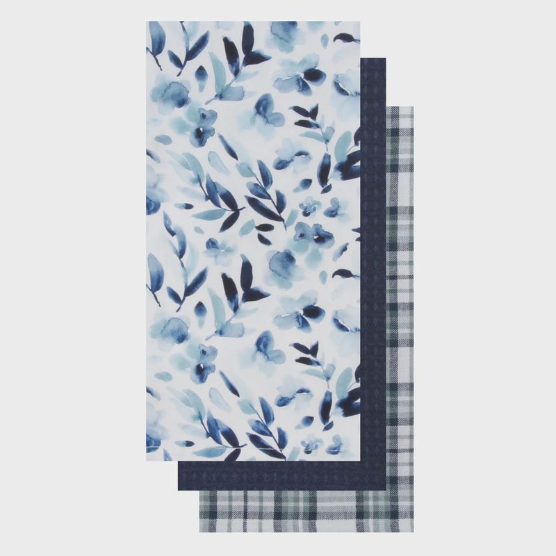 Watercolor Blue Floral Tea Towel Set Of 3 Blue