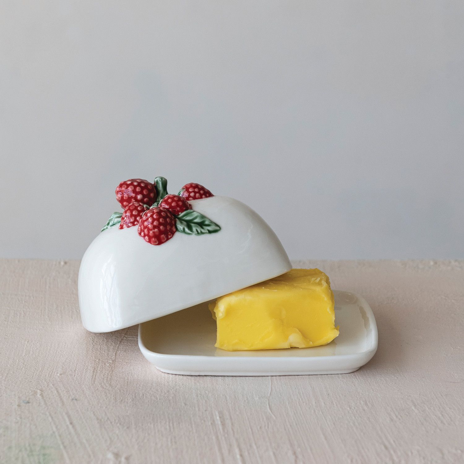 Stoneware Butter Dish w/ Raspberry Handle