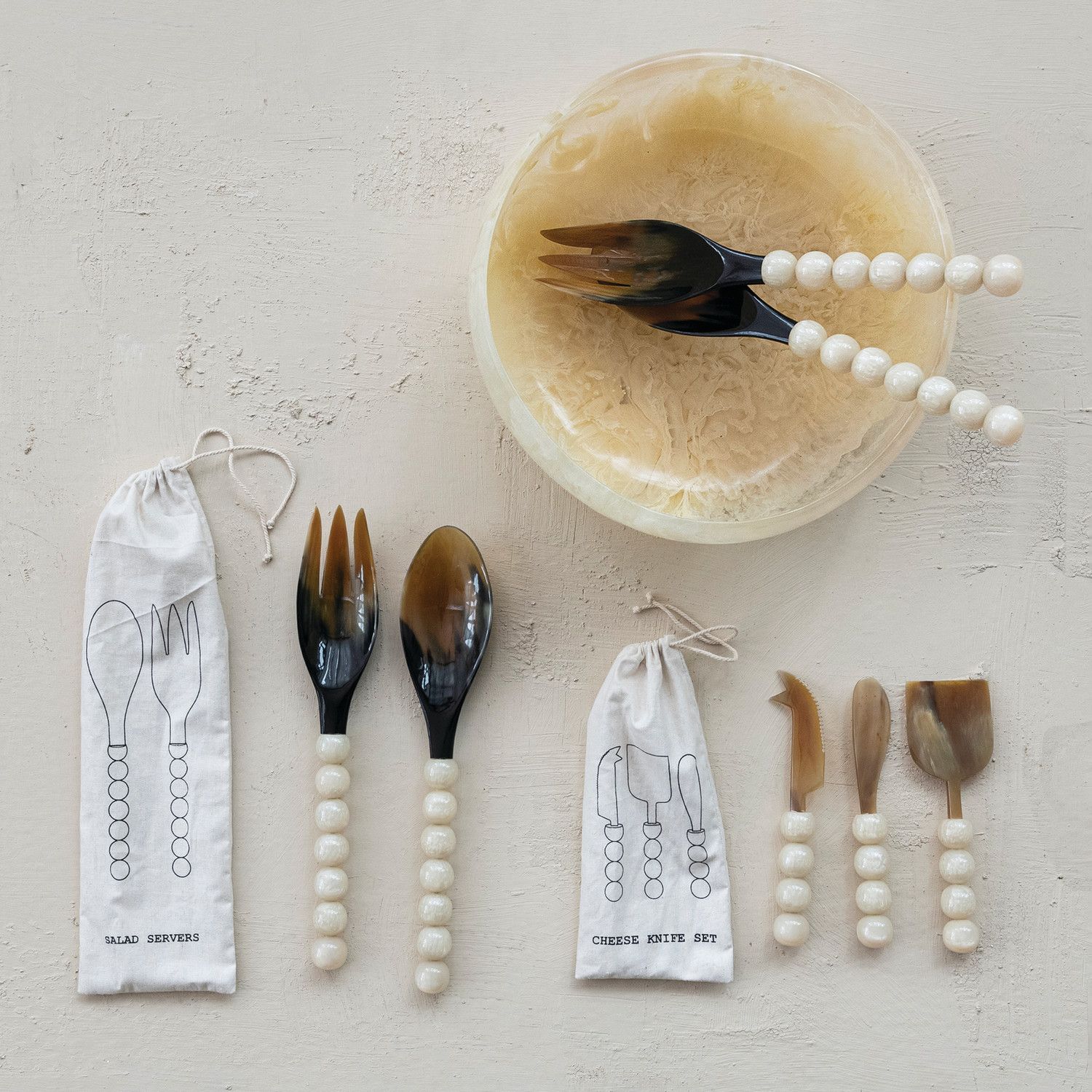 Natural Horn Salad Servers w/ Marbled Resin