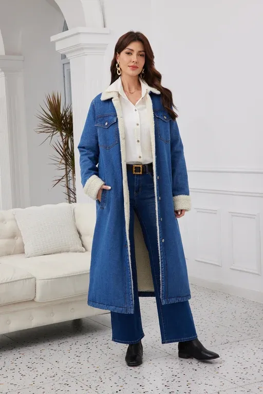 Long Tufted Denim Jacket, Colour: Dark Wash, Size: S
