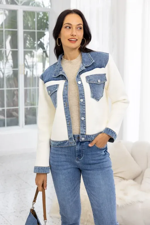 Soft-Knit Denim Hybrid Jacket, Colour: Off White, Size: S/M