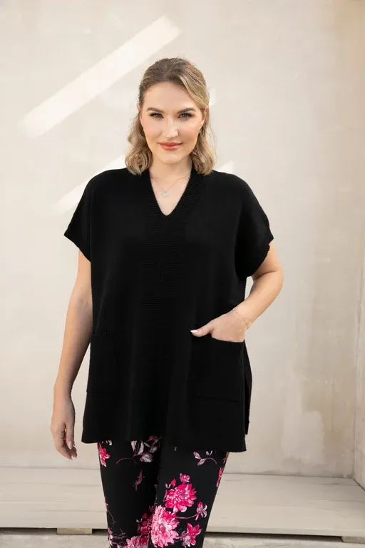 V-Neck Short Sleeve Sweater Topper, Colour: Black, Size: S/M