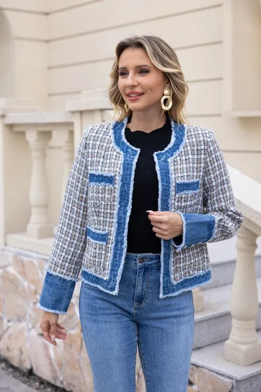 Tweed &amp; Denim Jacket, Colour: Plaid, Size: S