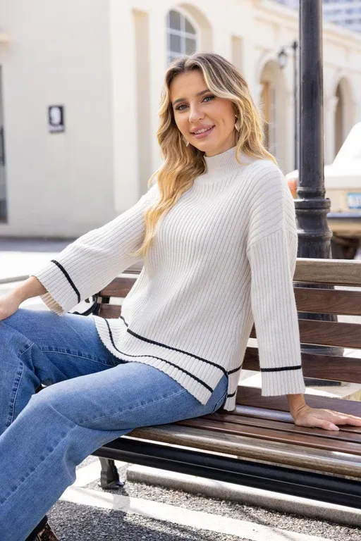Horizon Stripe Ribbed Sweater, Colour: Beige, Size: S/M