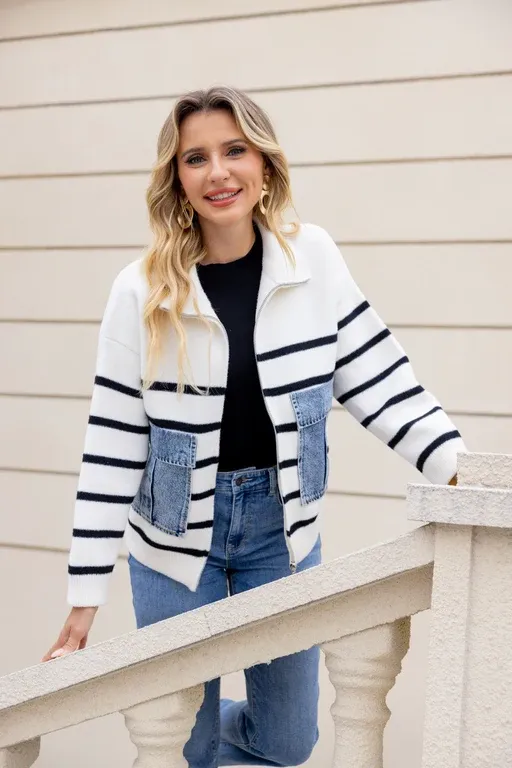 Striped Denim-Patch Knit, Colour: Off-White, Size: S/M