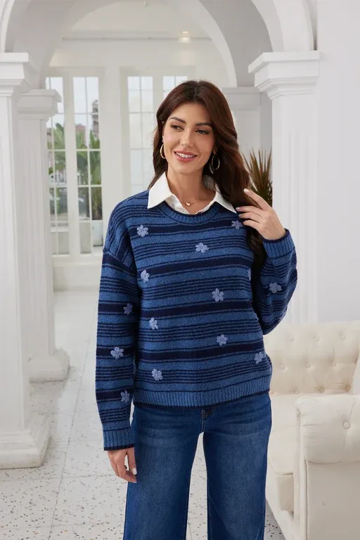 Petal Path Striped Sweater, Colour: Blue, Size: S/M