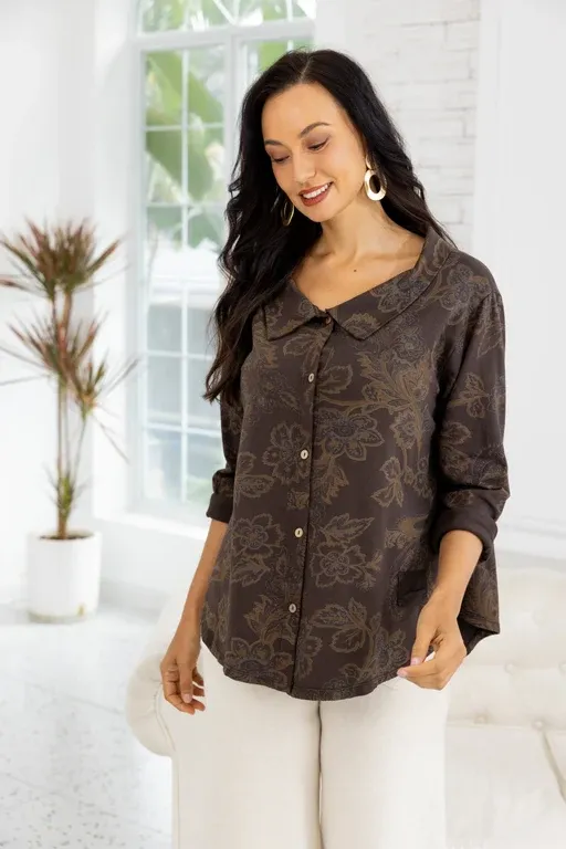 Felice's Floral Paisley Button-down Top, Colour: Brown, Size: O/S