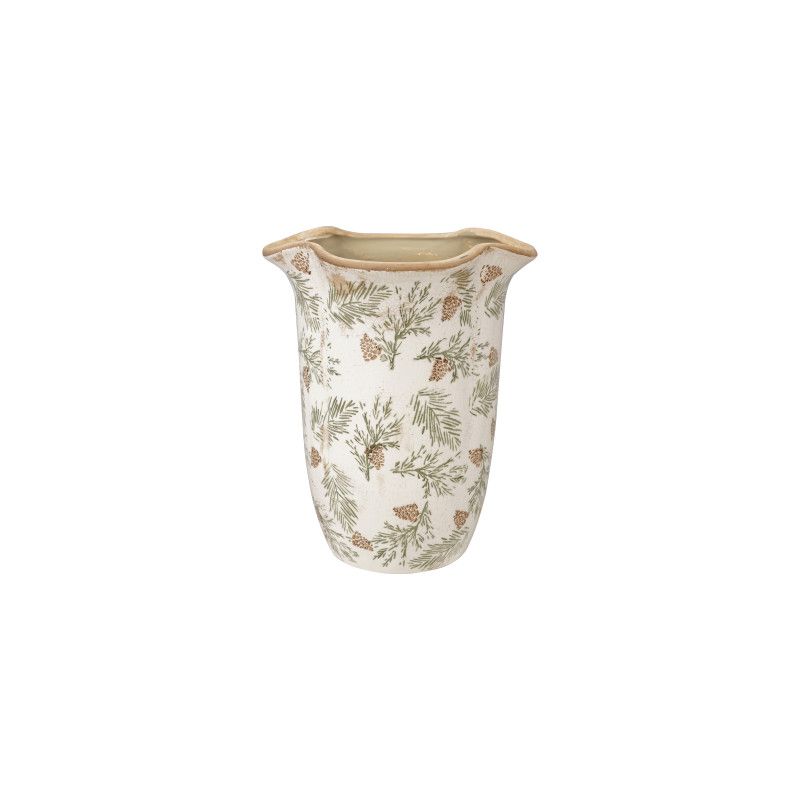 Stoneware Ruffled Vase w/Pinecones