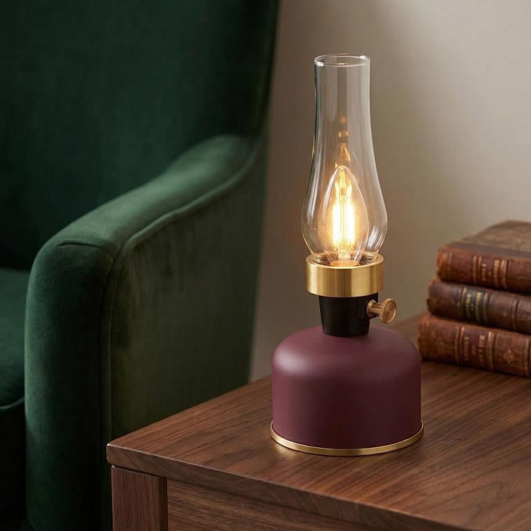 Burgundy Lantern LED Lamp with Chimney
