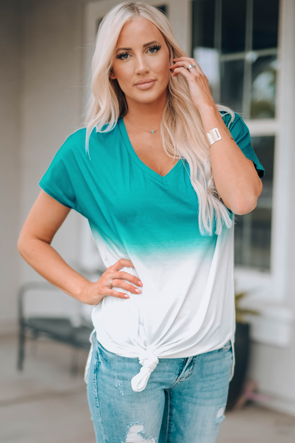 Blue White Ombre Color Block Casual Summer Shirt