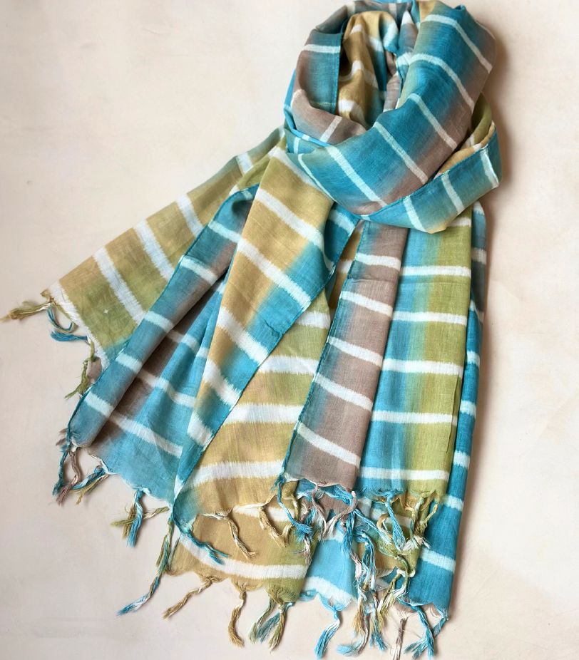 VERTICAL TIE-DYE COTTON VOILE SCARF, Colour: OCEAN