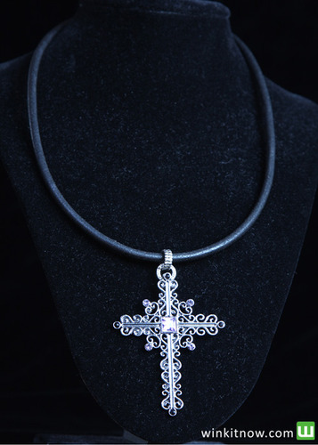 Silver Cross on Black Leather Necklace