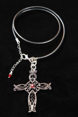 Silver Cross on Black Leather Necklace