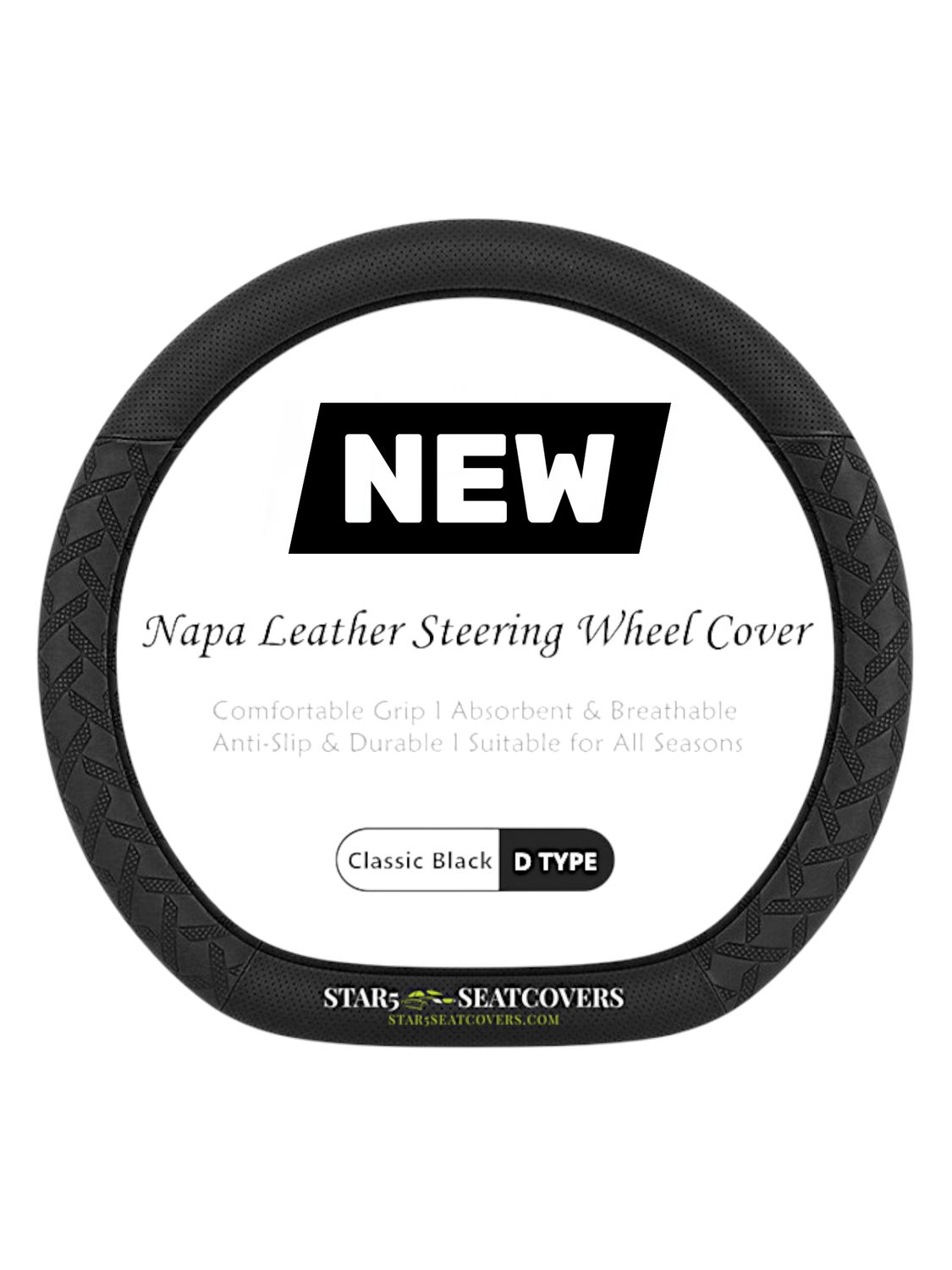 Black - D Type - Star5 Premium Napa Leather Steering Wheel Cover