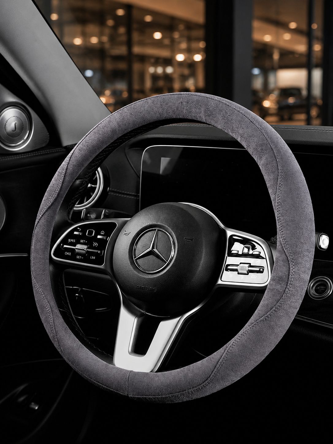 STAR5 Premium Suede-Style Steering Wheel Cover – O-Shape / Round – 38 cm (Steel Gray)