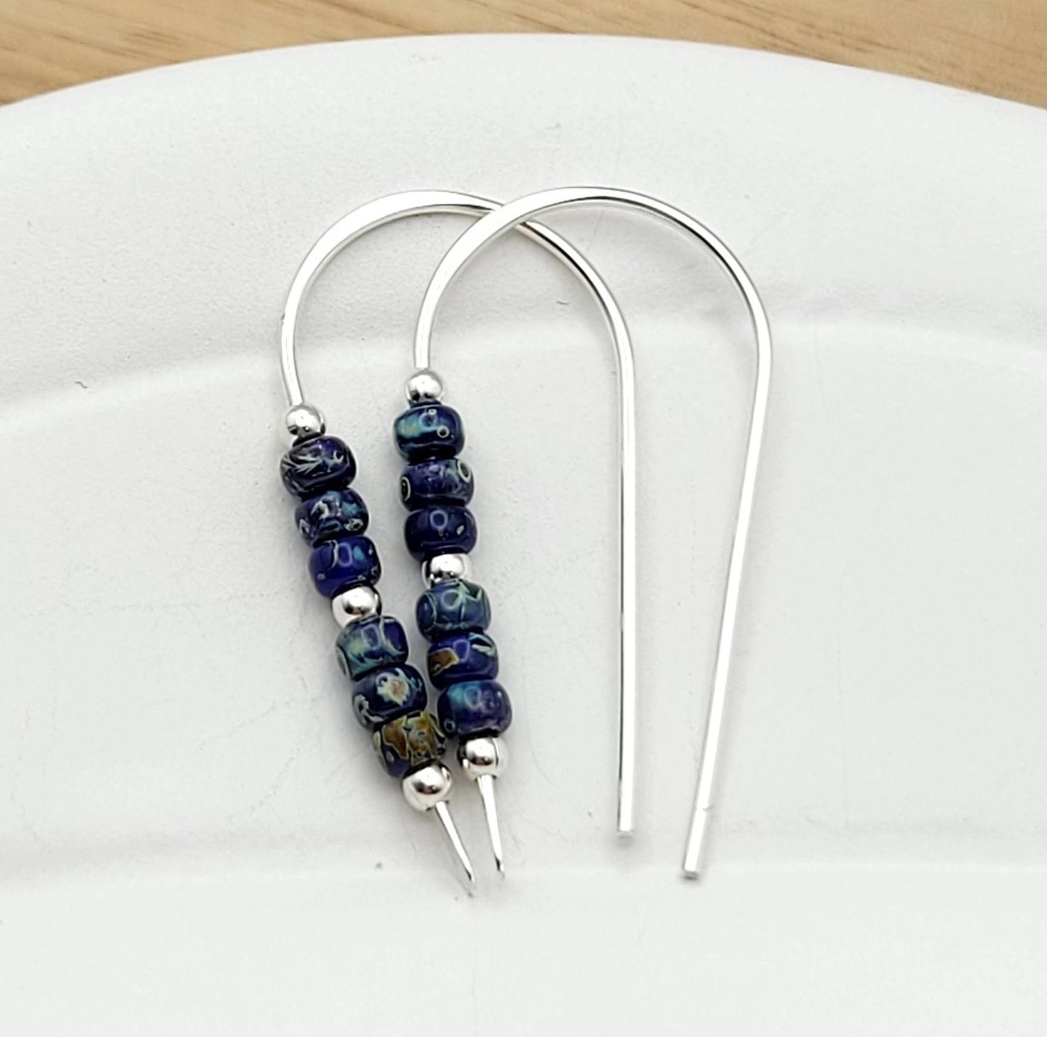Blue Beaded Threader Earrings