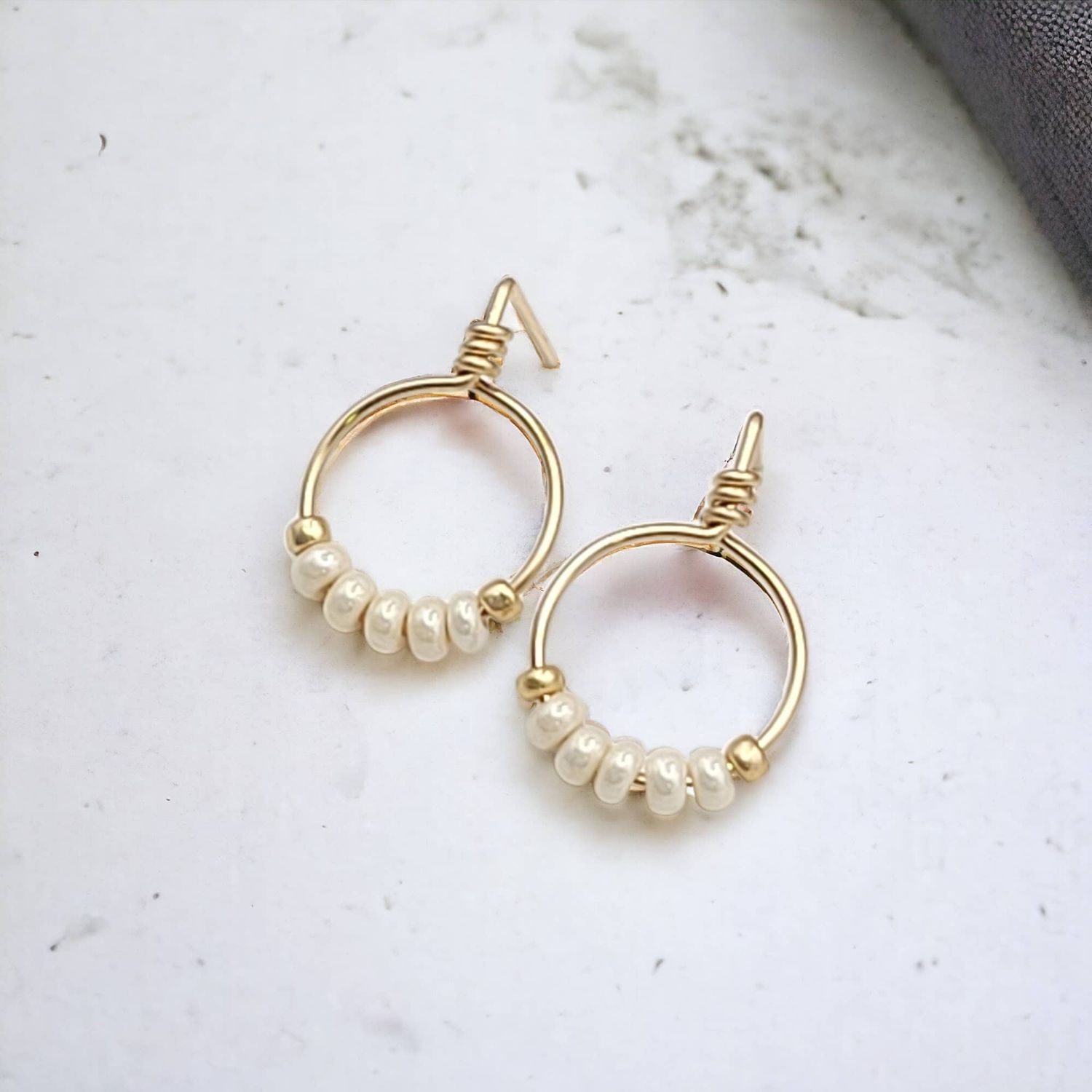 Gold & Pearl Beaded Hoop Stud Earrings Gold & Pearl Beaded Hoop Stud Earrings