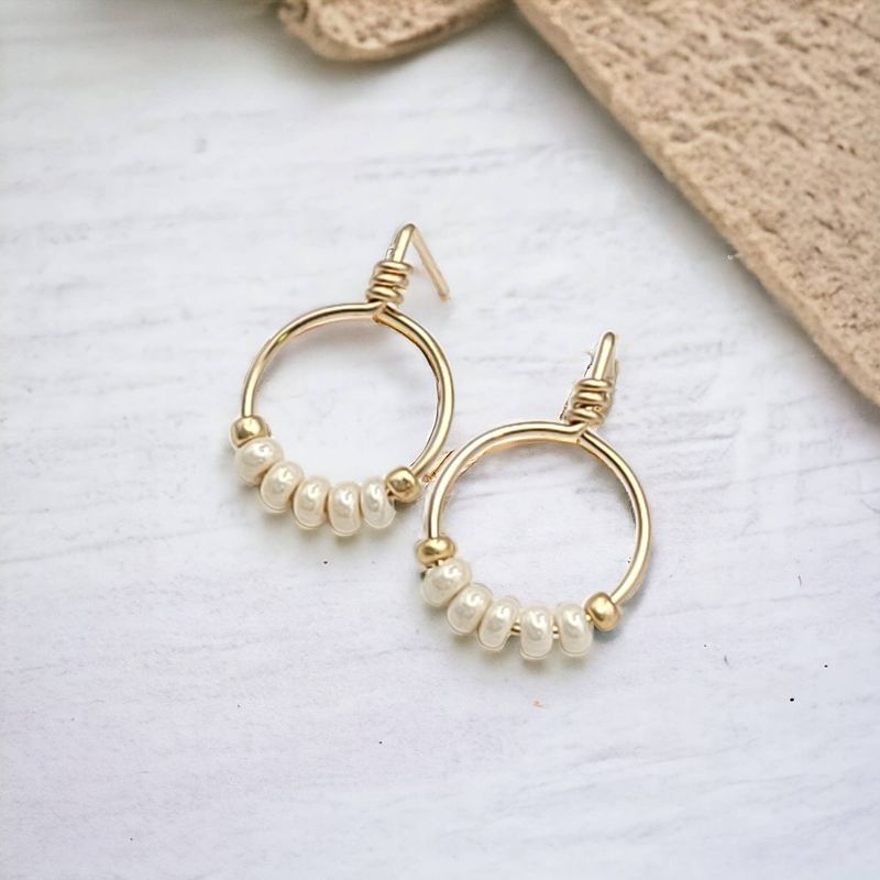 Gold & Pearl Beaded Hoop Stud Earrings