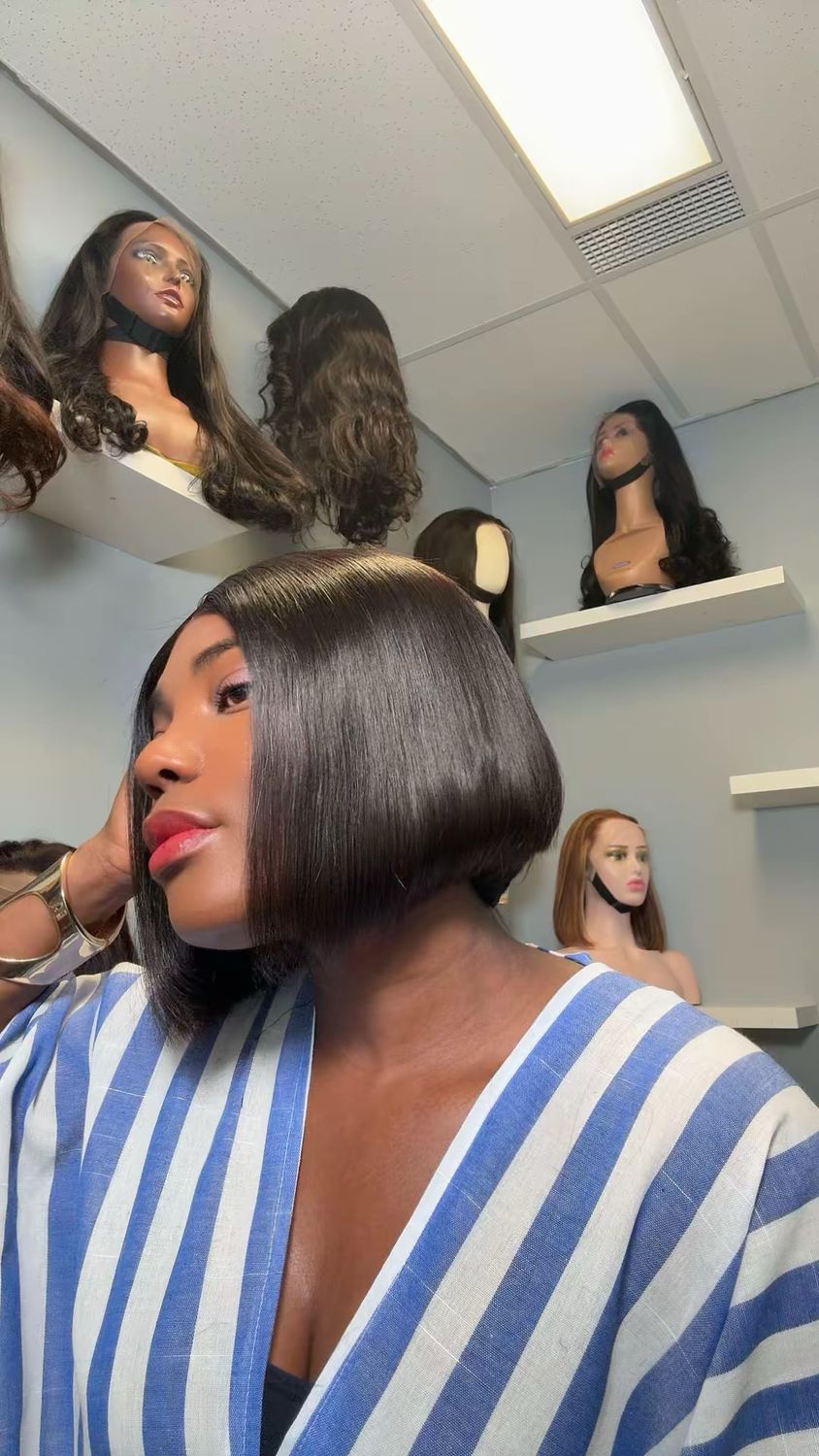 CHEZFELY KIM PIXIE BOB – Perruque Bob 10 pouces en cheveux vietnamiens 100 % humains avec dentelle 2×6 Kim Lace, vue de profi