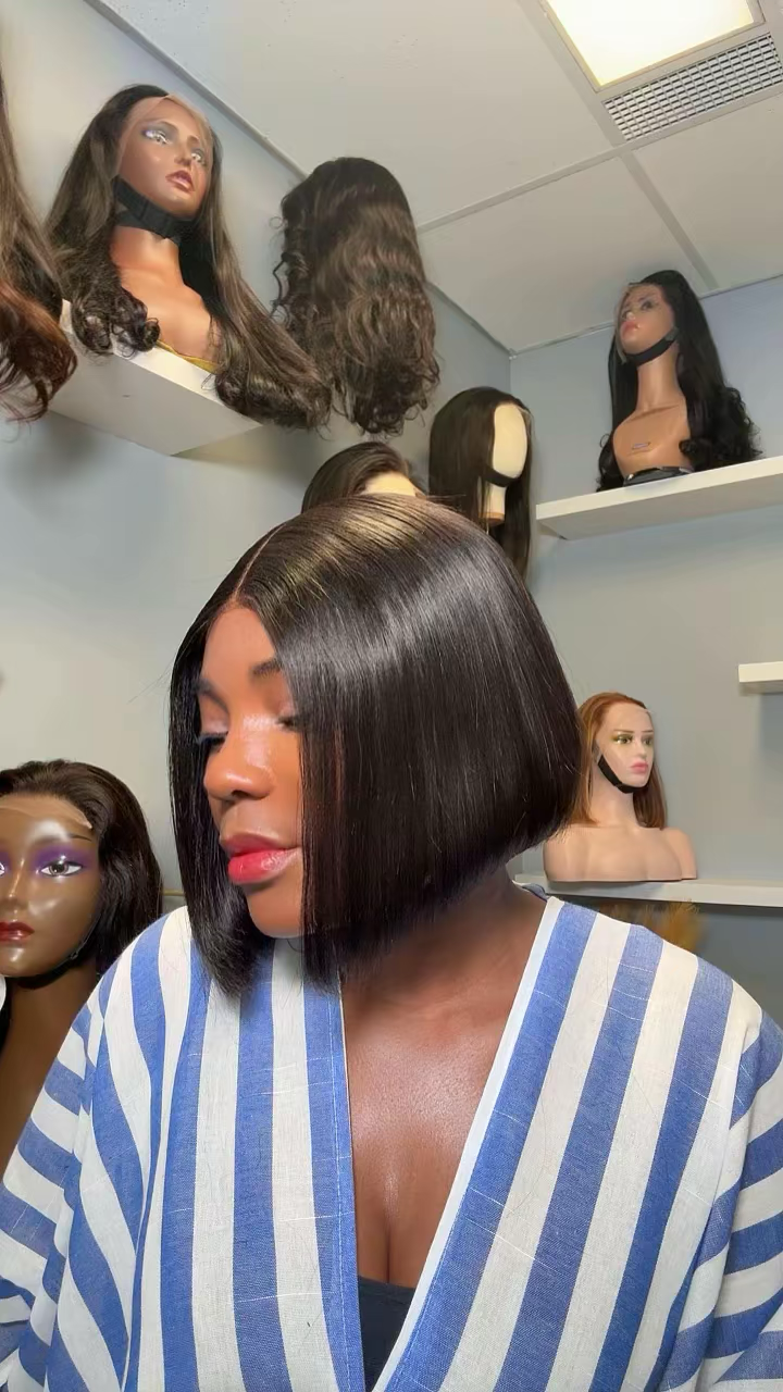 CHEZFELY KIM PIXIE BOB – Perruque Bob 10 pouces en cheveux vietnamiens 100 % humains avec dentelle 2×6 Kim Lace, vue de profi