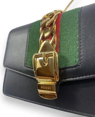 Gucci Calfskin Super Mini Sylvie Chain Shoulder Bag Black