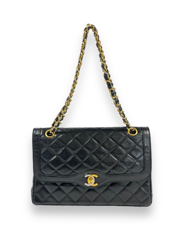 Chanel Vintage Black Quilted Lambskin Paris Limited Edition Double Flap