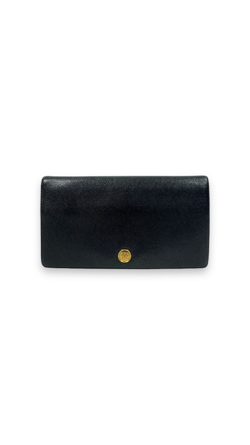 Chanel Vintage Black Caviar Coco Button Bi-Fold Wallet