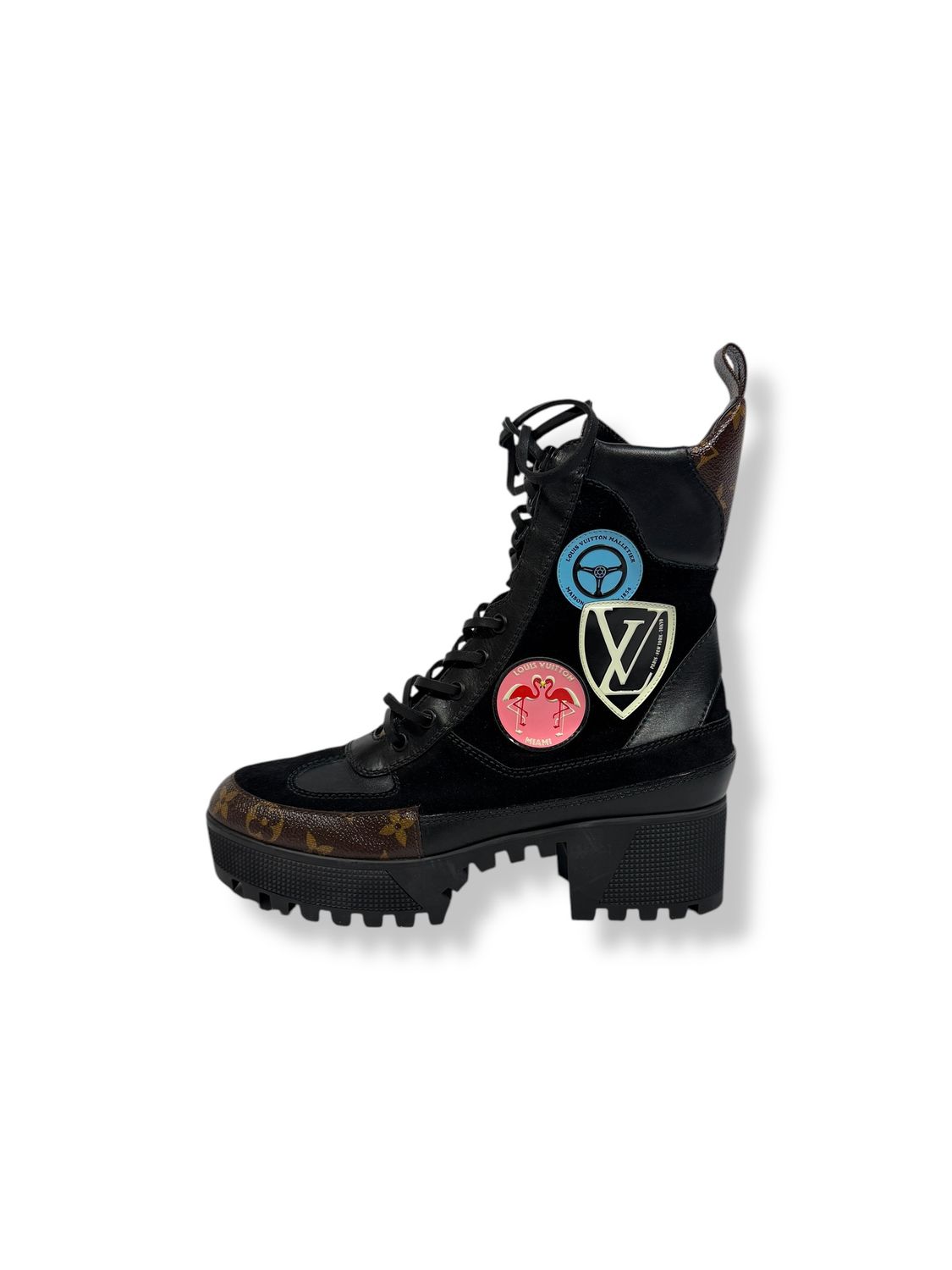 Louis Vuitton Suede Calfskin Monogram World Tour Platform Desert Boots  Black (7.5/38)
