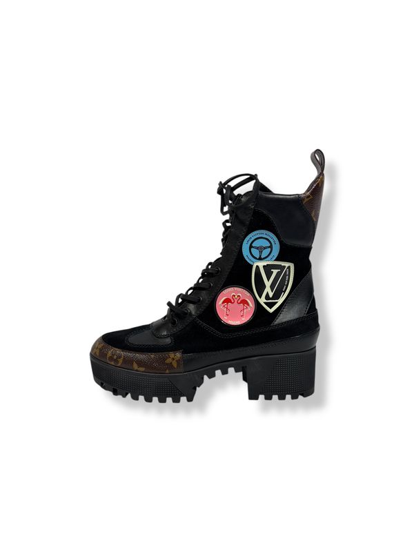 Louis Vuitton Suede Calfskin Monogram World Tour Platform Desert Boots  Black (7.5/38)