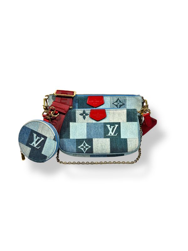 Louis Vuitton Denim Damier Monogram Patchwork Multi Pochette Accessories Blue Rouge