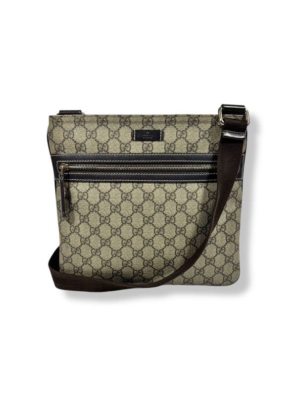 Gucci GG Supreme Monogram Selleria Calfskin Flat Side Zip Messenger Bag