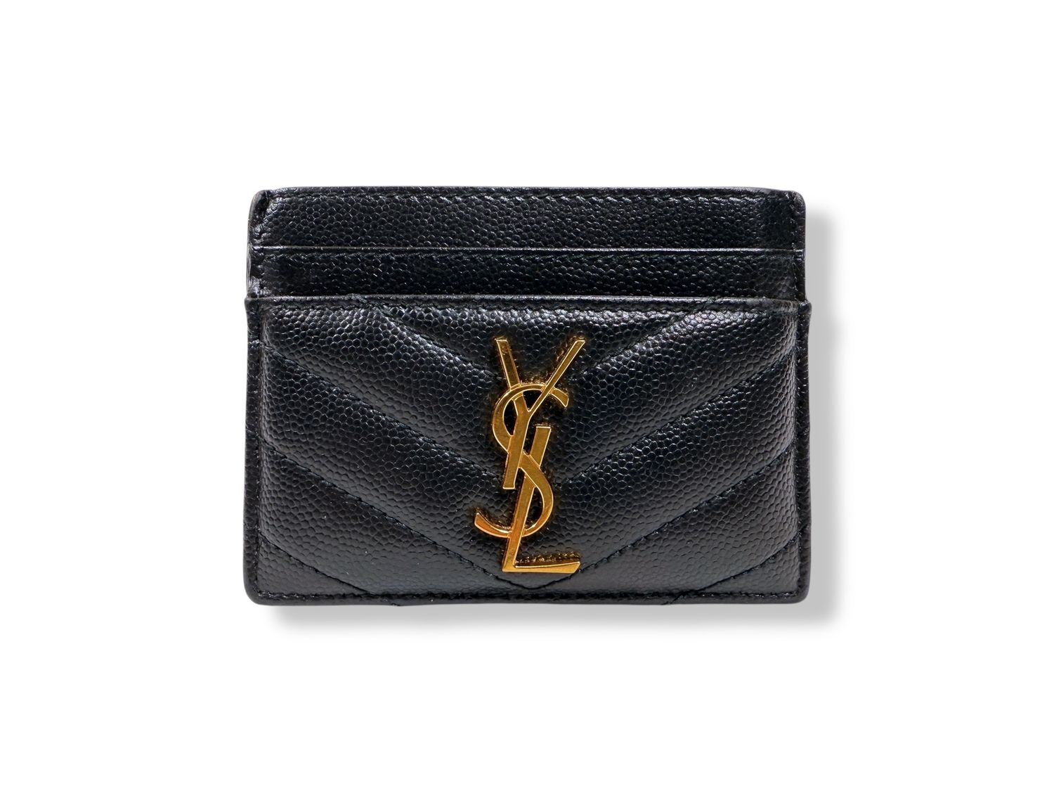 Yves Saint Laurent Grain De Poudre Matelasse Chevron Monogram Credit Card Case Black