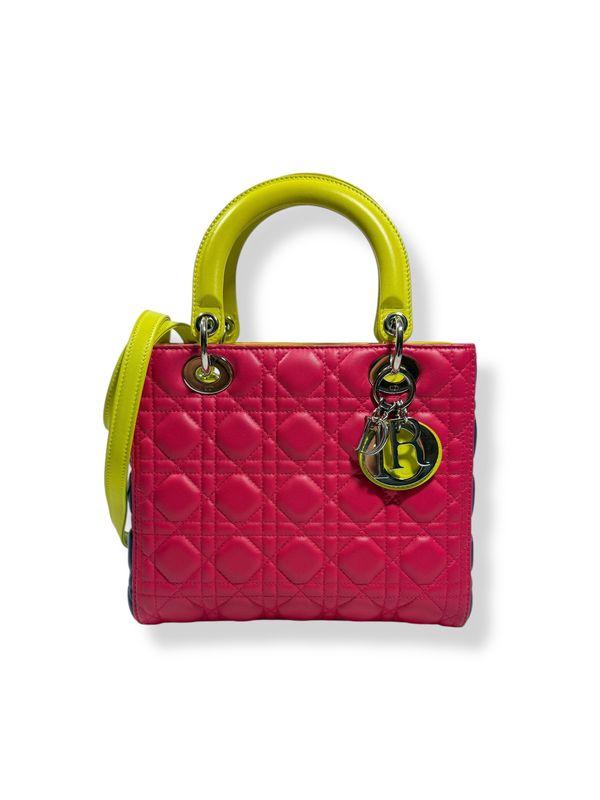 Dior Lambskin Cannage Medium Tri-Color Lady Dior Pink Navy Yellow-Green