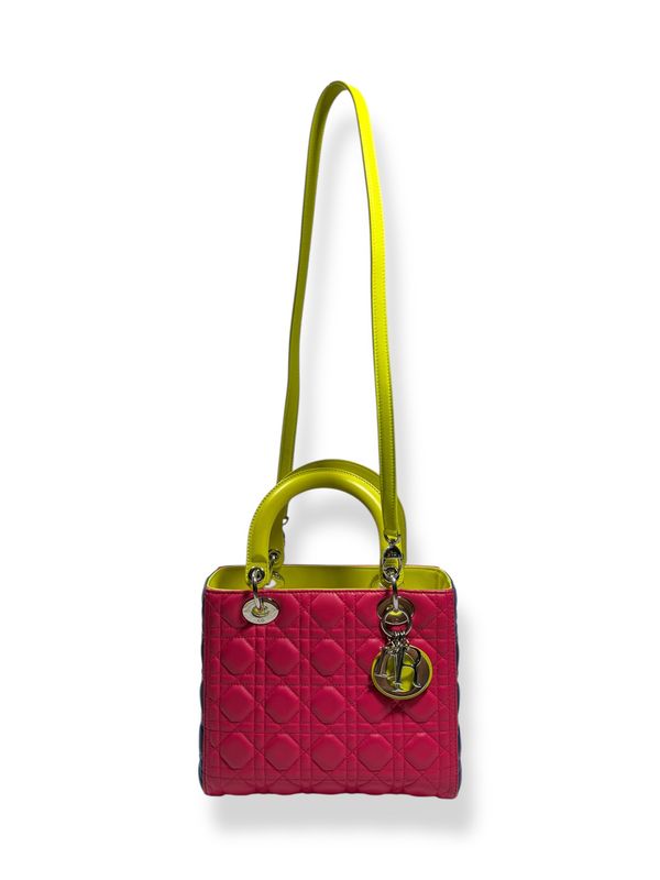 Dior Lambskin Cannage Medium Tri-Color Lady Dior Pink Navy Yellow-Green