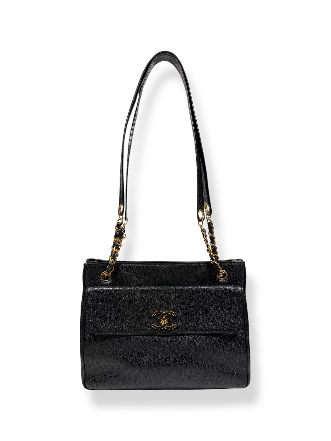 Chanel Caviar Leather CC Flap Shopping Tote Black