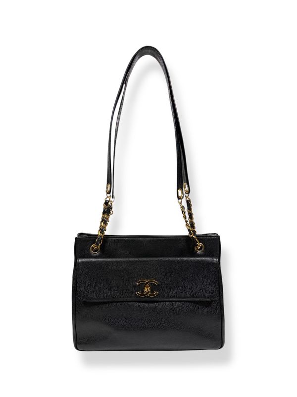 Chanel Caviar Leather CC Flap Shopping Tote Black