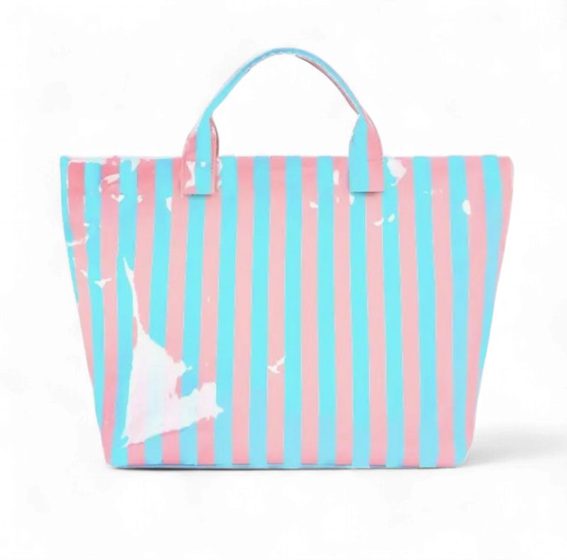 Striped Vinyl Tote Bag Blue Pink