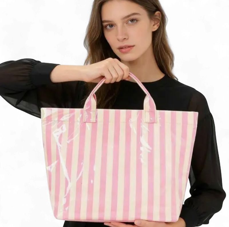 Striped Vinyl Tote Bag Pink Yellow
