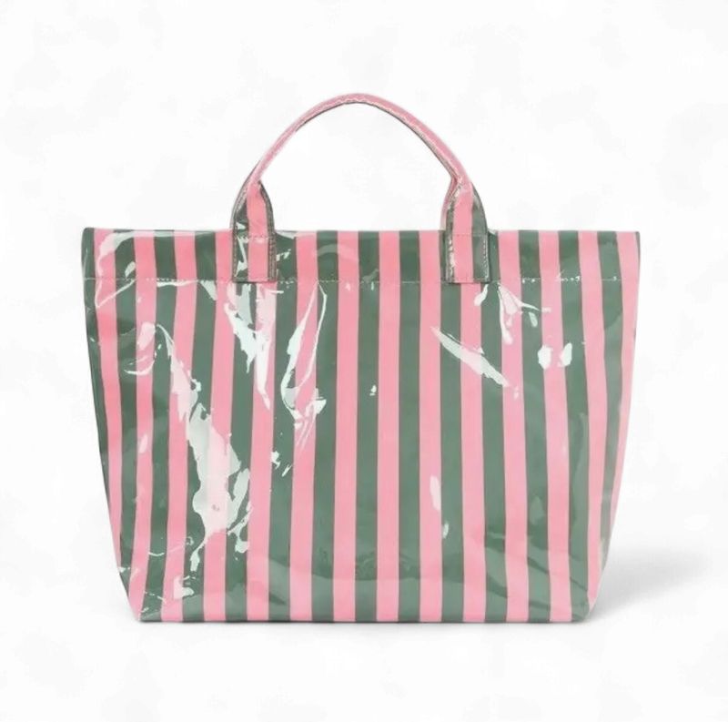 Striped Vinyl Tote Bag Pink Green