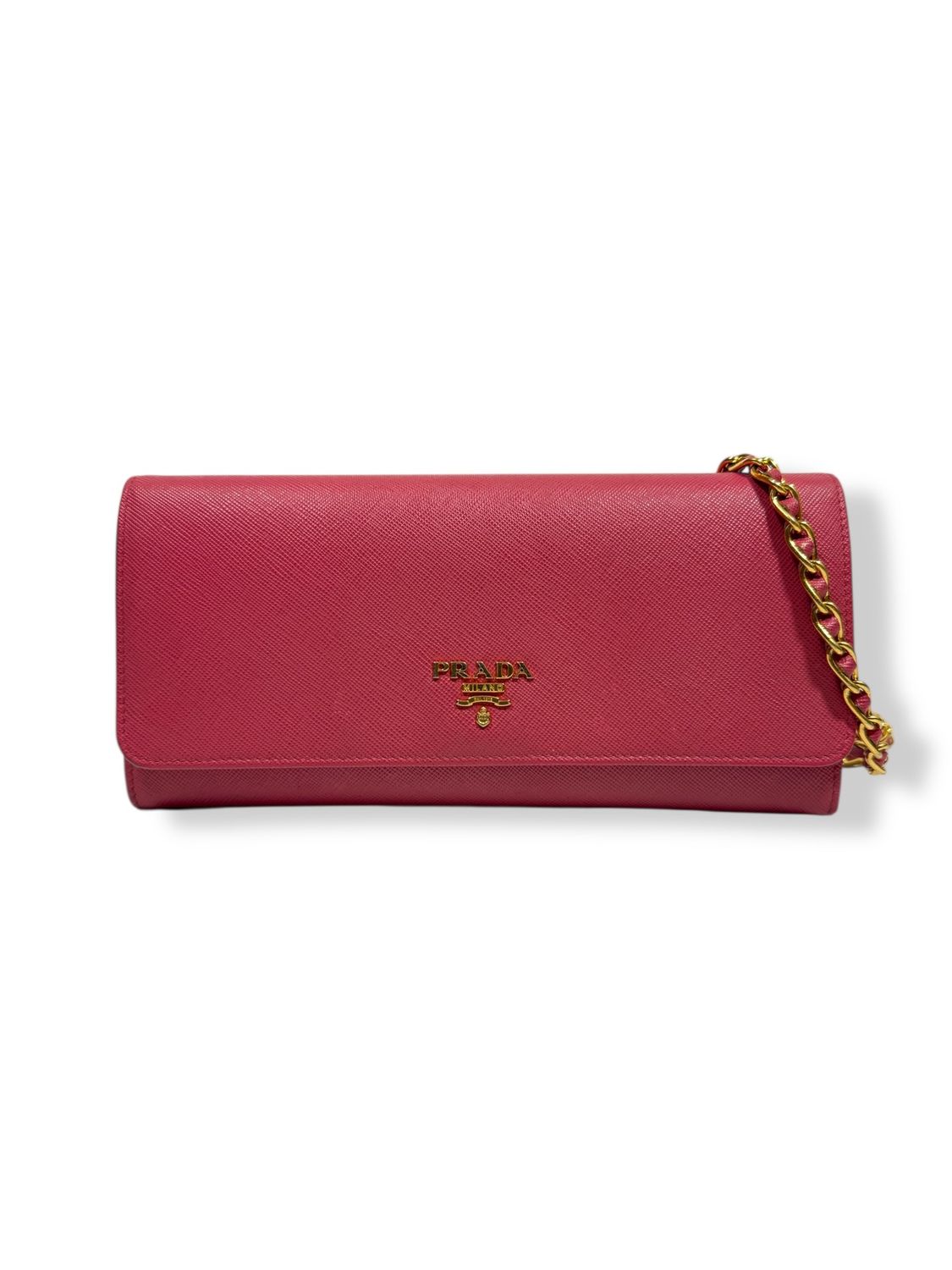 Prada Saffiano Metal Oro Chain Wallet Peonia