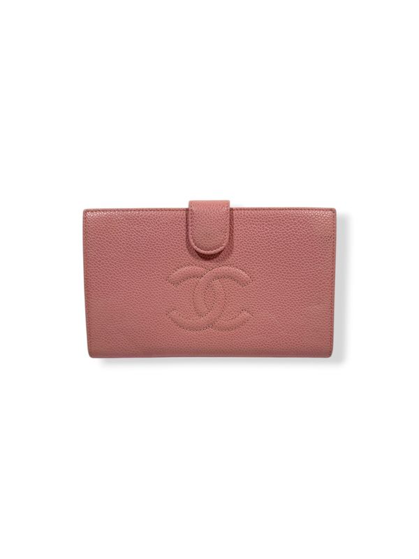 Chanel Vintage Pink Caviar Leather Logo Bi-Fold Wallet