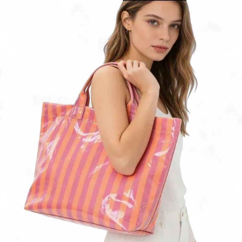 Striped Vinyl Tote Bag Fuschia Orange