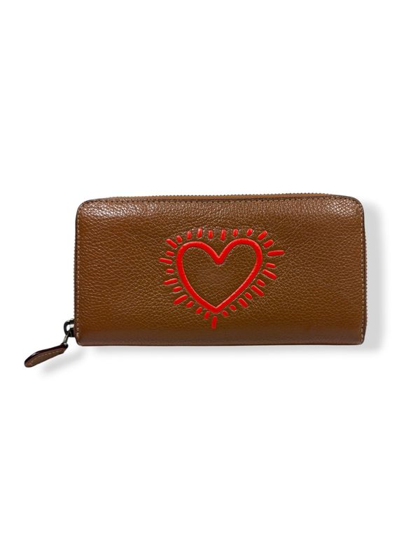 Coach x Keith Haring Heart Saddle Brown Accordion Zippy Wallet